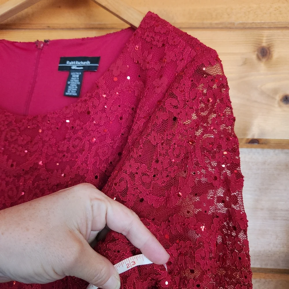 R & M Richards Dress Red‎ Lace & Sequin Overlay Chiffon Sheer Cocktail Petite 14